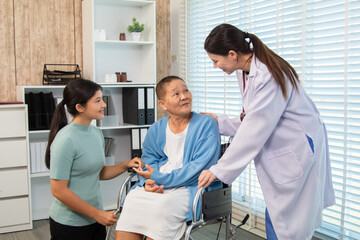 Doctor examines senior woman in clinic, physician welcome elderly patient with breast cancer,...