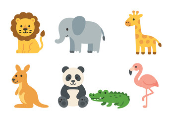 Naklejka premium Colorful Zoo Animals. Flat vector mini-illustrations zoo animals in colors children's illustrations: lion,