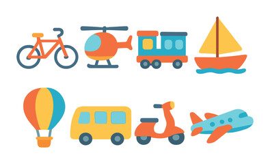Colorful Transport Icons. Flat vector mini-illustrations transportation types in colors children's