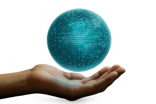 Hand holding digital world with futuristic glowing lines and transparent background - Powered by Adobe