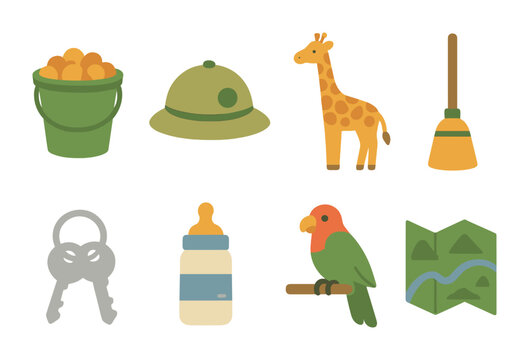 Zookeeper Duties Icons. Flat vector mini-illustrations zookeeper duties in colors children's illustrations: