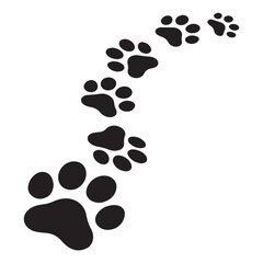 A black and white illustration of a line of dog paw prints against a white background. 
