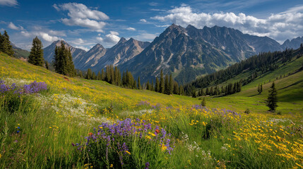 Fototapeta premium Alpine meadows with wildflowers and towering peaks in the background
