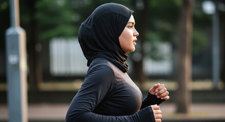 Muslim Woman Jogging in Black Hijab and Sportswear Outdoors