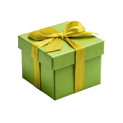 Obraz premium Bright green gift box with golden ribbon resting on a white background, perfect for special occasions and celebrations