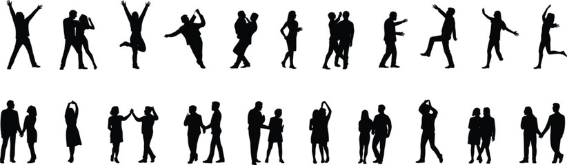 Silhouettes of diverse pairs in dynamic and static poses — walking, dancing, standing, interacting, black design showcasing human connection, movement