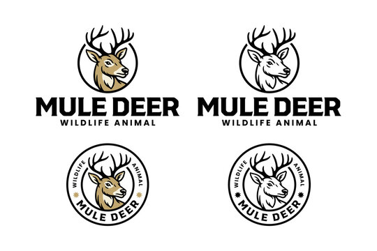 Mule deer wild animal retro logo vector design set for hunting, adventure, outdoor. Mule deer head vintage badge logo graphic collections. Wild deer mascot illustration label element designs
