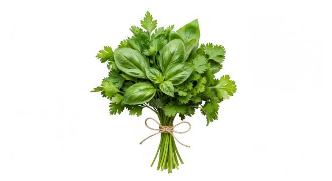 Fresh Herbs Bouquet, Isolated. A small bouquet of fresh herbs, neatly tied together with a piece of twine. The bouquet includes a variety of green herbs with different leaf shapes and textures. 