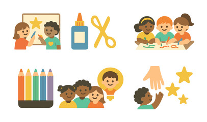 Naklejka premium Creative Classroom Activities. Flat vector mini-illustrations classroom group projects in colors children's