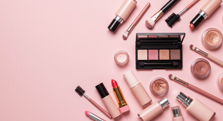 Flat Lay of Various Makeup Products on Pink Background