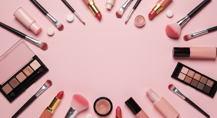 Makeup Products Arranged on Pink Background, Beauty Concept.