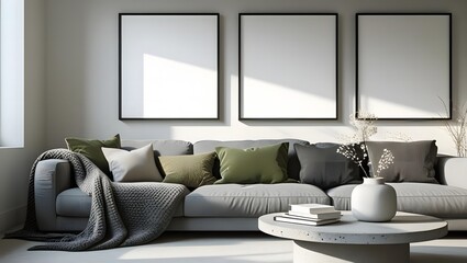 Modern living room with comfortable grey sofa and three blank picture frames on the wall