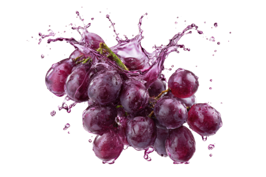 Purple grapes exploding in a splash of juice