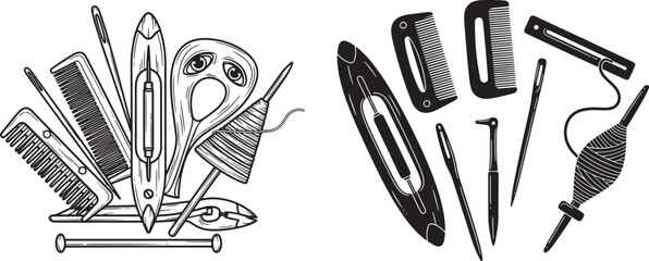 Vector art of weaving tools including shuttles, combs, needles, and bobbins isolated on white background