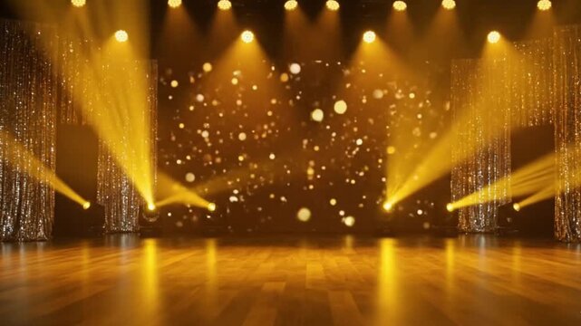 A stage with gold curtains wood floor and bright yellow spotlighting
