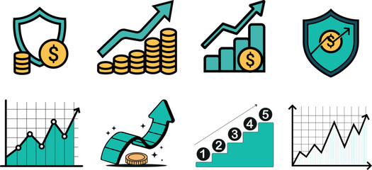Set of Financial Growth and Investment Icons, Financial Charts, Graphs, and Money Growth Symbols