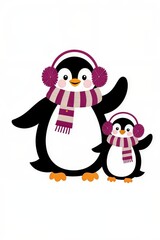 Fototapeta premium Cute penguin characters wearing earmuffs and scarves, perfect for winter-themed designs and children's illustrations.