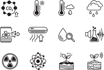 Vector art of environmental and scientific icons showing climate, weather, radiation, and plant growth, isolated on white background