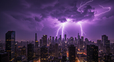 Chicago Skyline Under Dramatic Lightning Storm with Purple Sky
