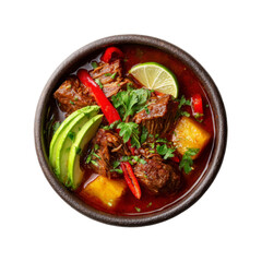 Delicious Spicy Beef Stew with Avocado and Lime in a Rustic Bowl
