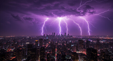 Dramatic Lightning Strikes Over City Skyline at Night
