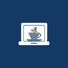 Online wellness platform logo featuring tea cup with leaves on laptop screen.