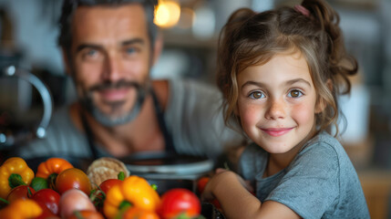 Fototapeta premium Father and daughter smile together near a selection of colorful vegetables in a cozy home kitchen.