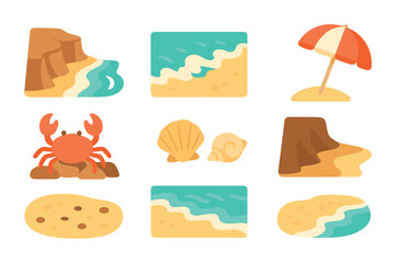 Beach Icons Grid. Flat vector mini-illustrations Ocean cliffs and beach below in colors children's