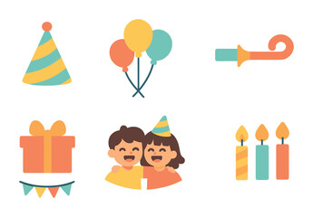 Kids' Birthday Celebration. Flat vector mini-illustrations Birthday party with best friends in colors children