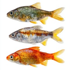 Three vibrant fish of different colors, each swimming gracefully. They showcase a variety of colors and textures