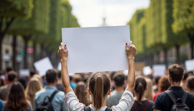 Equal rights demonstration featuring a crowd of people holding signs in air outdoors. Equal rights demonstration shows unity and a desire for change among protesters.