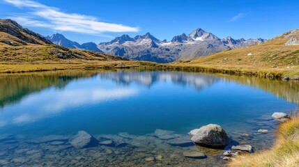 Fototapeta premium Tranquil Mountain Lake Reflection Amidst Majestic Alpine Peaks