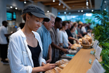 A woman carefully selects her bread from a display in a bakery, amidst a busy crowd. The atmosphere is warm and inviting, filled with the aroma of freshly baked goods.