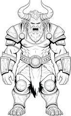 Black and White Fantasy Warrior Illustration, Demon Viking Barbarian with Horns, Muscular Armored Monster Character, Line Art for Graphic Design