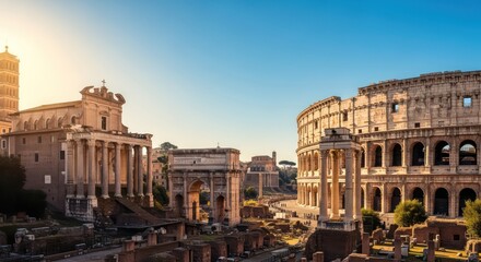 Ancient Roman Forum and Colosseum Bathed in Warm Sunrise Glow