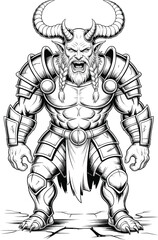 Black and White Fantasy Warrior Illustration, Demon Viking Barbarian with Horns, Muscular Armored Monster Character, Line Art for Graphic Design
