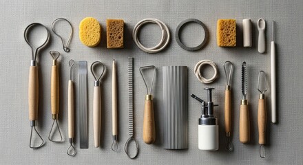 Arrangement of sculpting tools and materials for pottery and ceramic art studio