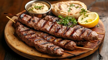 Grilled Skewers with Fresh Herbs and Lemon on Wooden Serving Platter