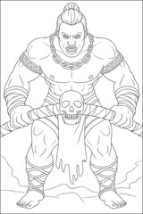 Black and White Warrior Woman Holding Skull, Fierce Female Barbarian Line Art, Fantasy Heroine Illustration for Comic and Tattoo Design