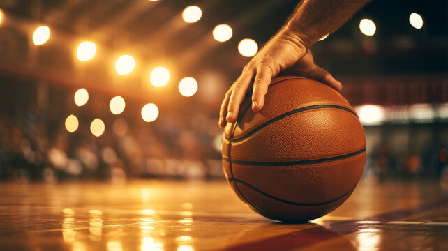 Close up of a basketball player dribbling on a shiny court with stadium lights. Basketball player in action