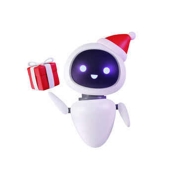 Christmas 3d robot. AI chat bot in Santa's hat holding red gift box. Floating futuristic character. Network device, virtual cute cyborg. Vector illustration. Element for New Year's banners, card