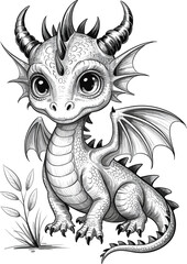 Cute Baby Dragon Drawing, Black and White Fantasy Line Art Illustration for Kids Coloring Pages, Mythical Creature Cartoon Design