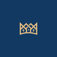 Sophisticated electric home logo with abstract crown elements on a dark blue background