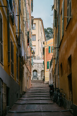 Charming Cobblestone Alley with Vibrant Colorful Buildings and Bicycles in a Picturesque European Town