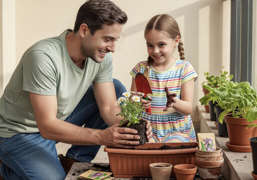 A father and daughter plant a flower, an image of joy, family bonding, and a love for gardening - Powered by Adobe