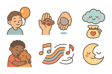 Childhood Calm Icons. Flat vector mini-illustrations Reducing anxiety in children in colors children's