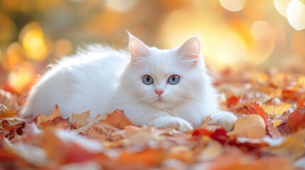 Elegant white cat with blue eyes resting on colorful autumn leaf