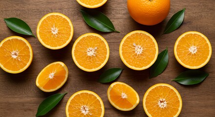 Fresh Cut Oranges with Leaves