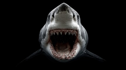Naklejka premium Menacing Great White Shark Jaws on Black Background