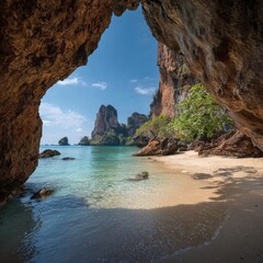 A breathtaking view of a beach framed by a natural cave entrance, inviting you to explore the wonders of nature. The clear turquoise water meets a sandy shore.